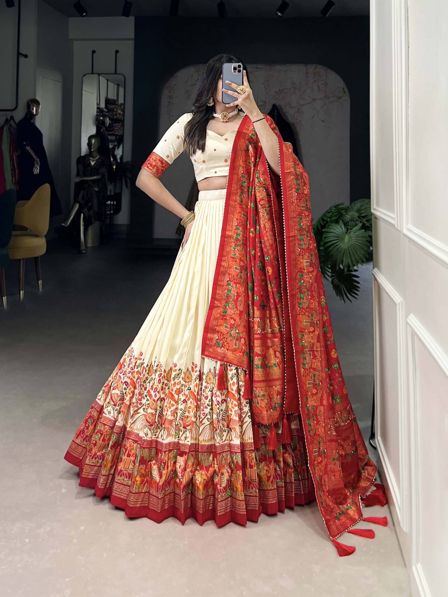     			JULEE White Tussar Silk Chaniya Choli Semi Stitched Lehenga Single