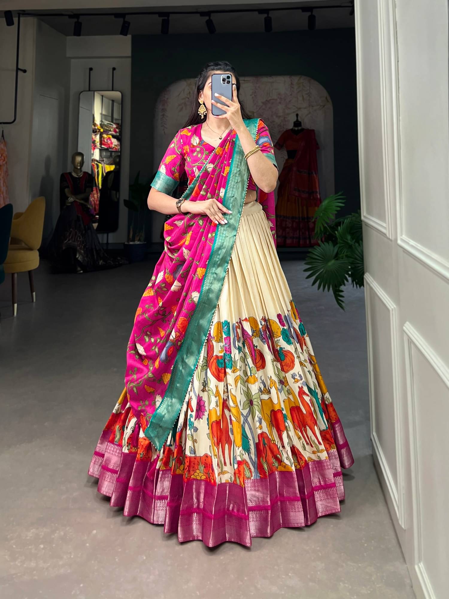     			KV Fashion White Tussar Silk Chaniya Choli Semi Stitched Lehenga Single