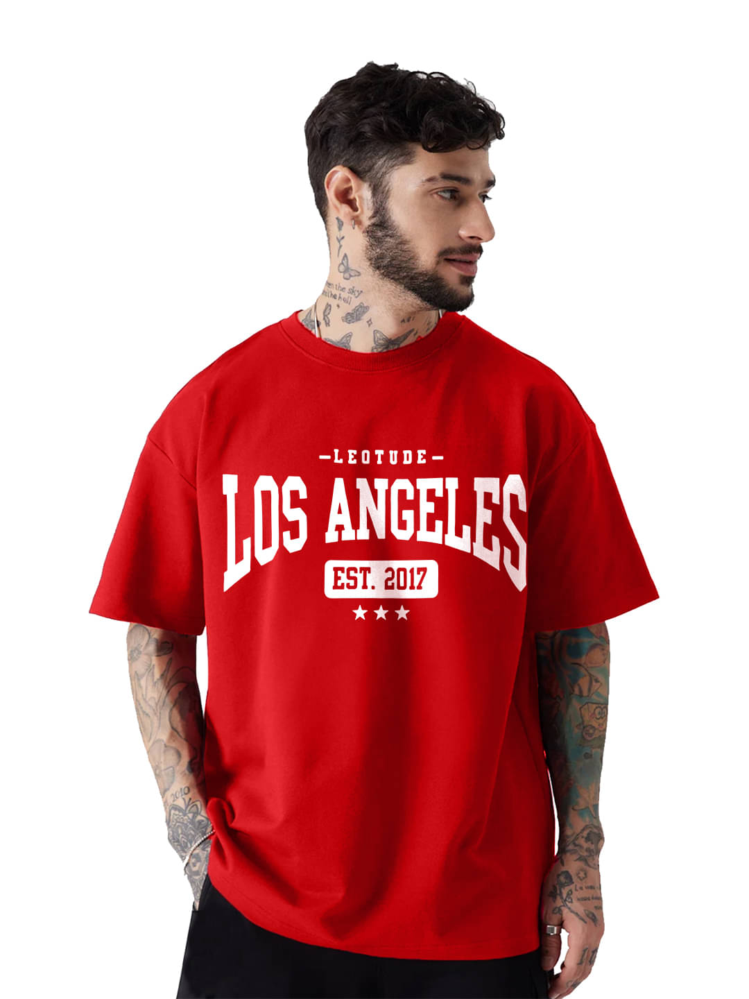 Leotude Men Cotton Blend Oversized Fit Printed T-Shirt ( Red )     			Leotude Men Cotton Blend Oversized Fit Printed T-Shirt ( Red )