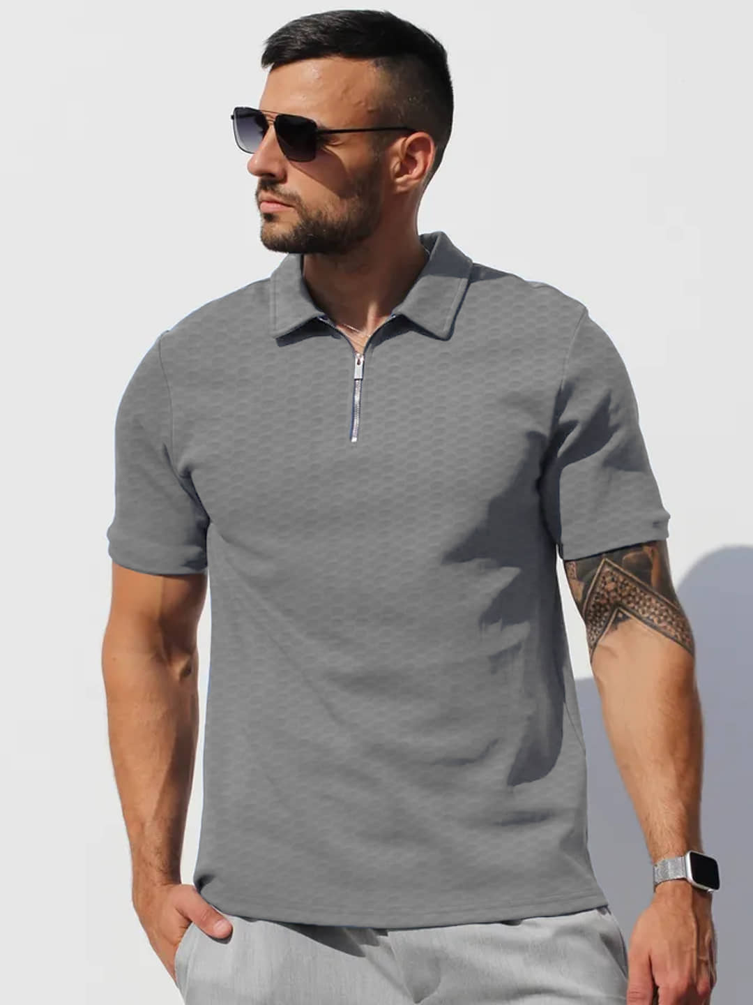 Leotude Men Cotton Blend Regular Fit Solid Polo T Shirt ( Grey )