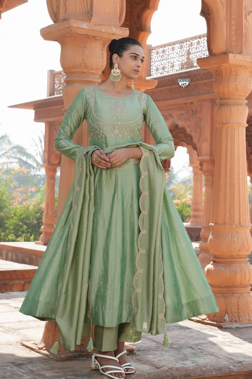 Mahek Fashion Women Silk Blend Embroidered Anarkali Kurti With Pants ( Mint Green )
