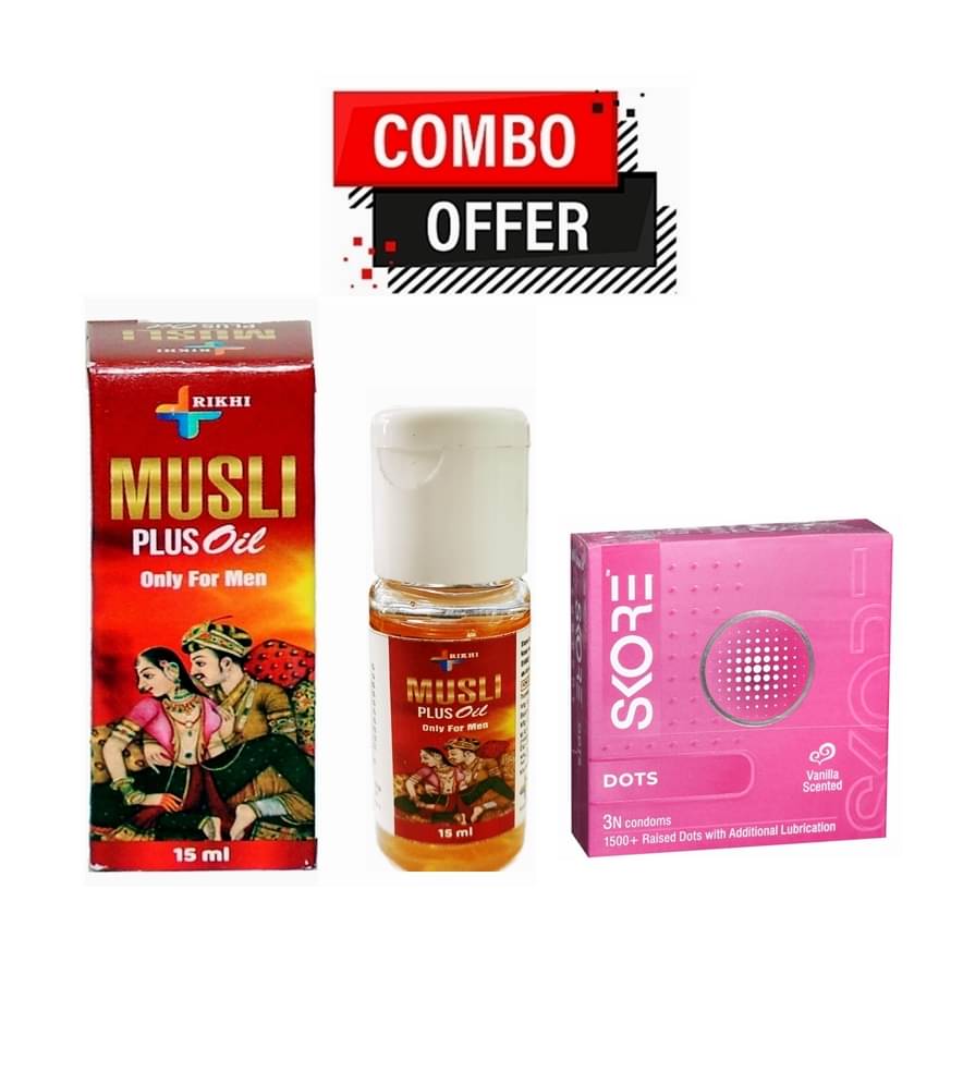 Rikhi Musli Plus Oil 15ml & Skore Dots 3Condoms 1500+Dots Pack Of 2 Rikhi Musli Plus Oil 15ml & Skore Dots 3Condoms 1500+Dots Pack Of 2