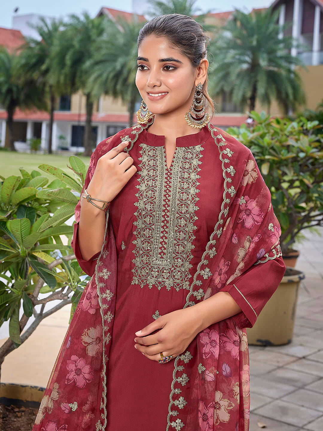 Royal Export Women Chanderi Embroidered Straight Kurti With Pants ( Maroon )     			Royal Export Women Chanderi Embroidered Straight Kurti With Pants ( Maroon )