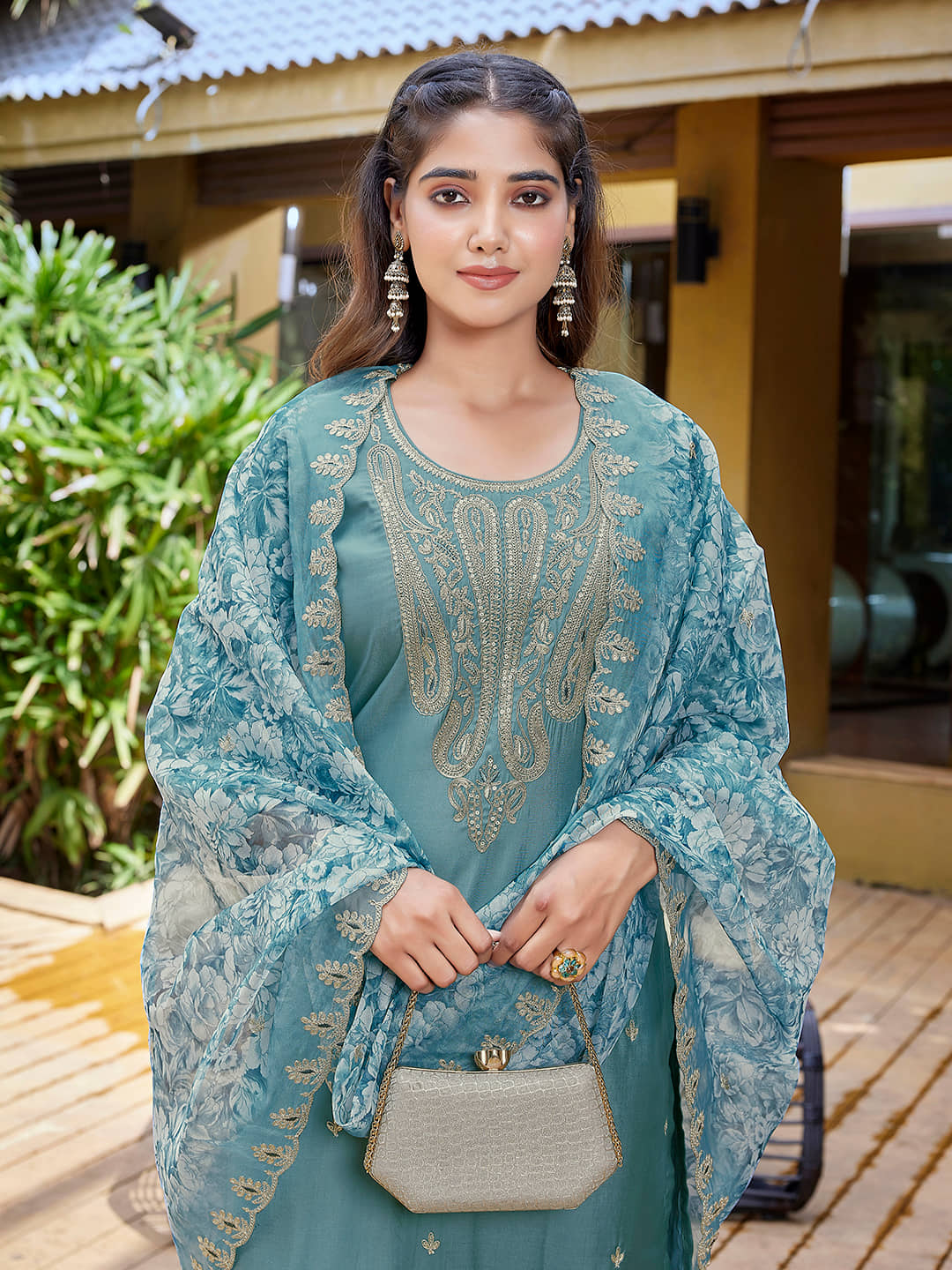 Royal Export Women Chanderi Embroidered Straight Kurti With Pants ( Blue )
