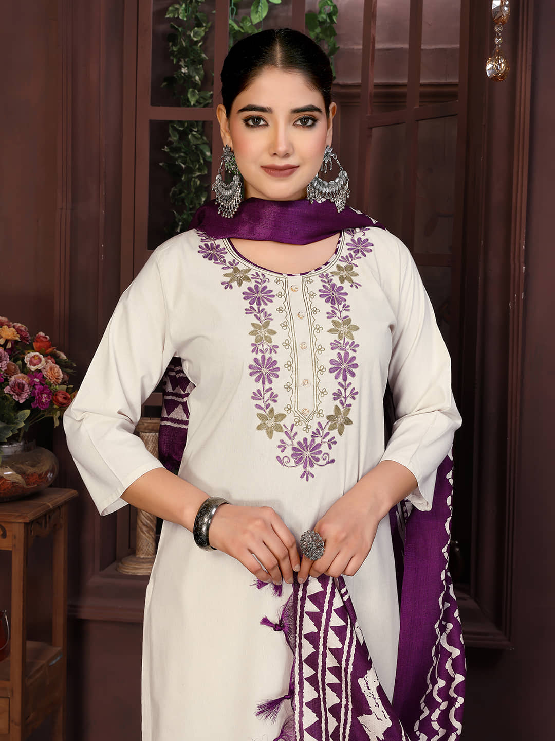 Royal Export Women Cotton Embroidered Straight Kurti With Pants ( Beige )