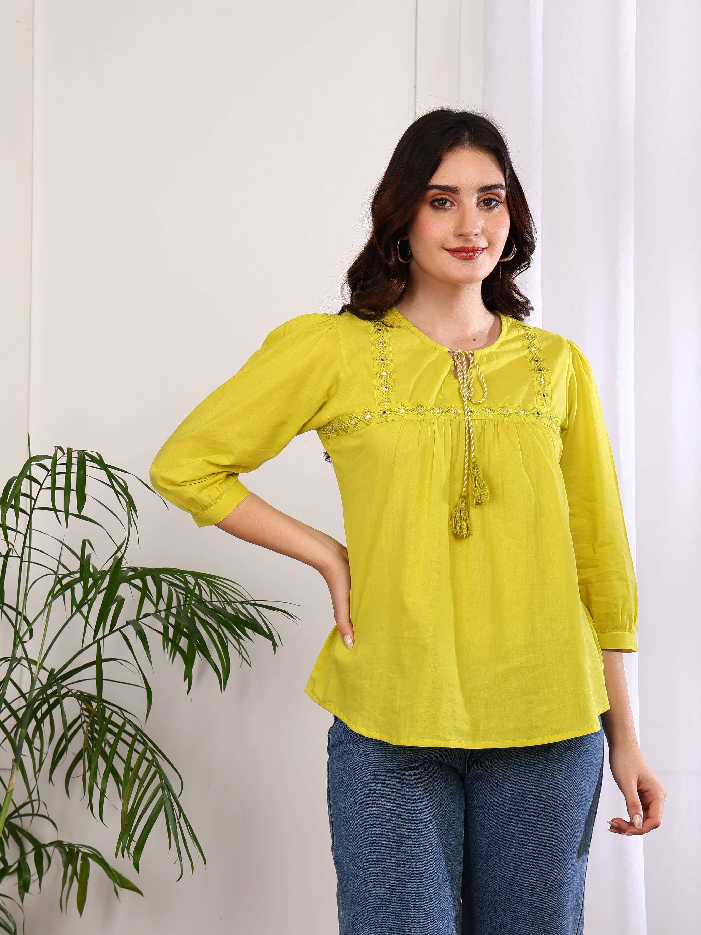 Yash Gallery Women's Cotton Regular Top ( Yellow )