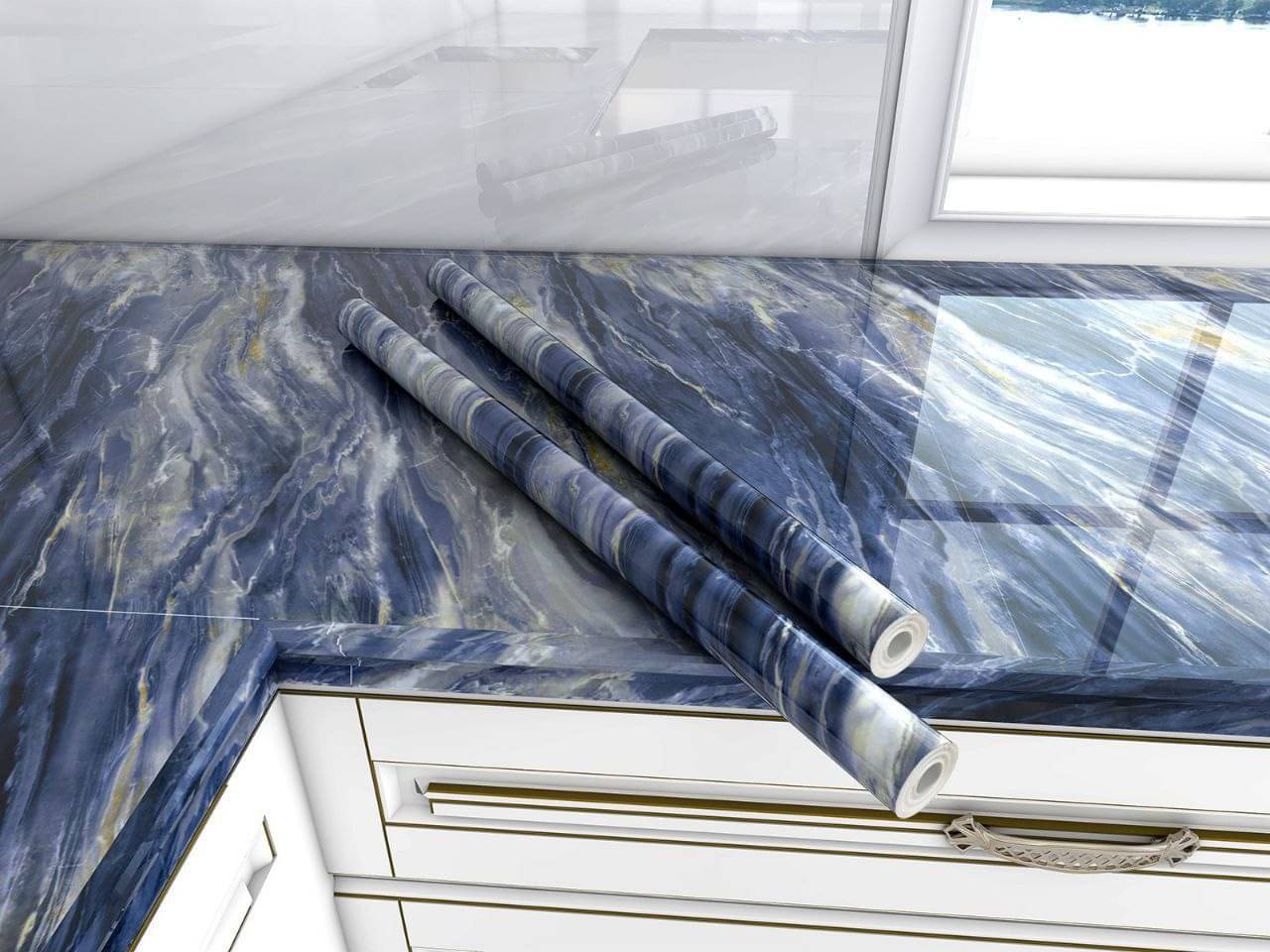     			ZAPPYPOP Premium Wallpaper Stickers for Wall Kitchen Platform Home Decorative Waterproof Oil Proof 60 * 200 CM (Blue-Marble)