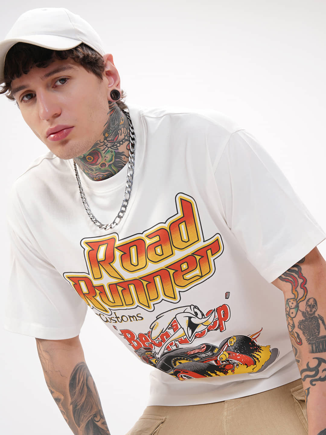 Highlander Men Cotton Blend Oversized Fit Printed T-Shirt ( White )
