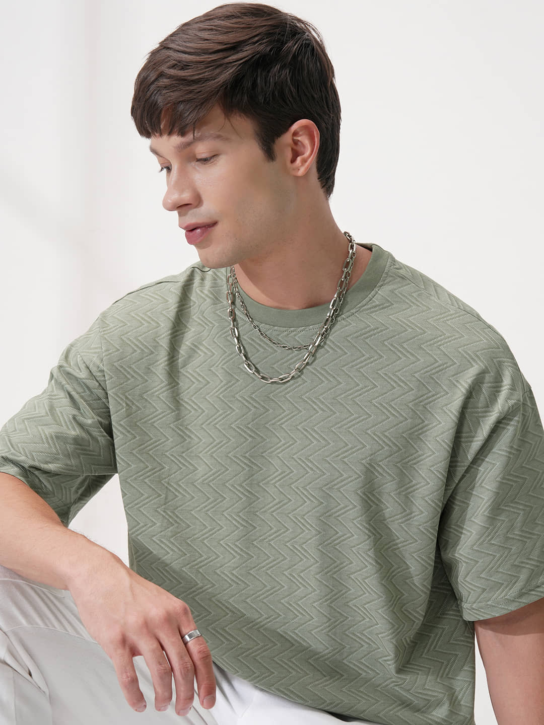 Locomotive Men 100% Cotton Relaxed Fit Self Design T-Shirt ( Green )