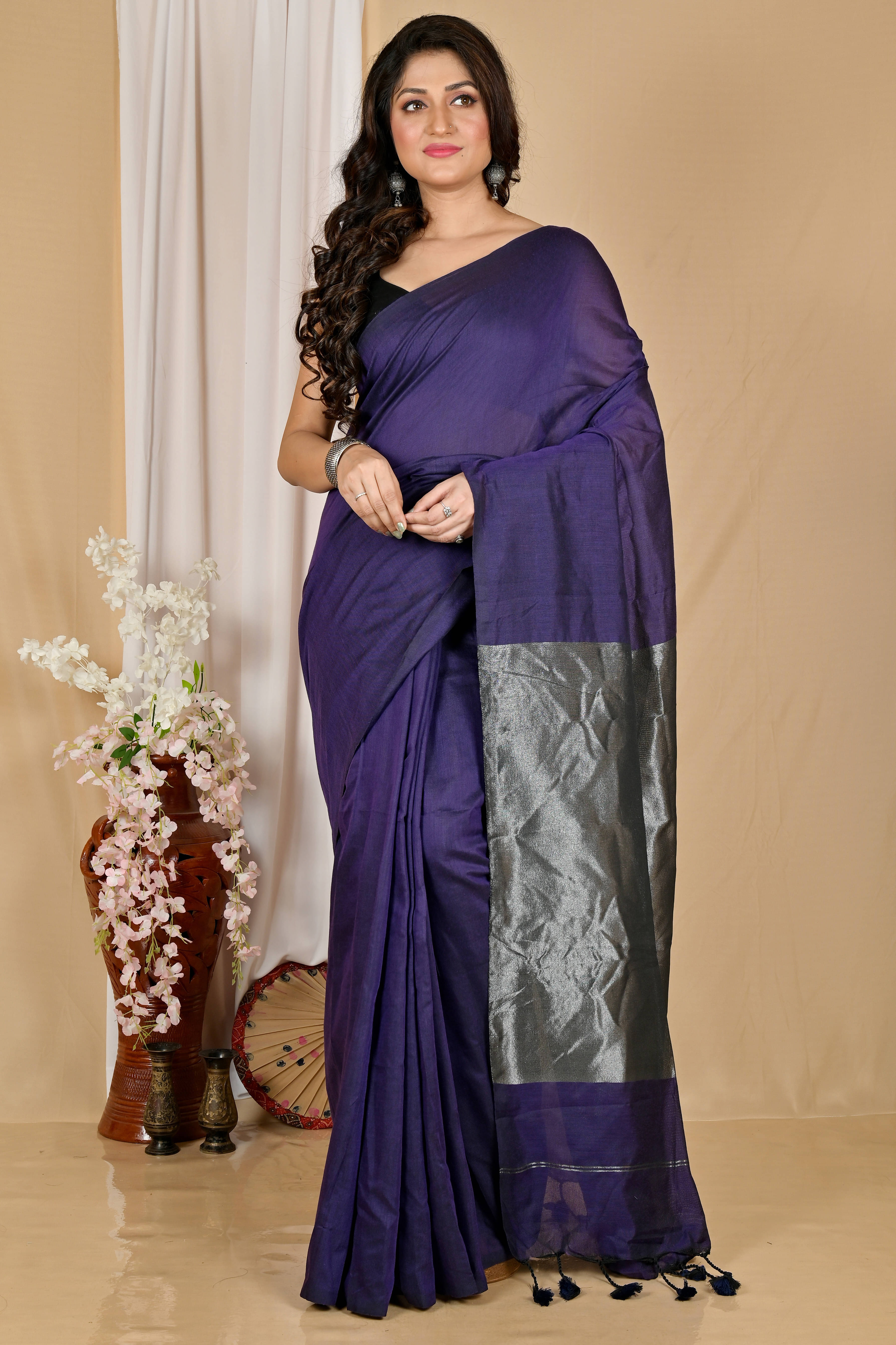 STRADHA Cotton Blend Self Design Saree Without Blouse Piece ( Purple ) STRADHA Cotton Blend Self Design Saree Without Blouse Piece ( Purple )
