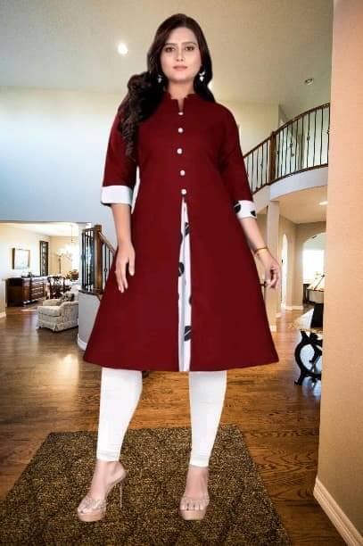     			TRIONZA Women Cotton Flex Solid A-line Kurti ( Maroon )