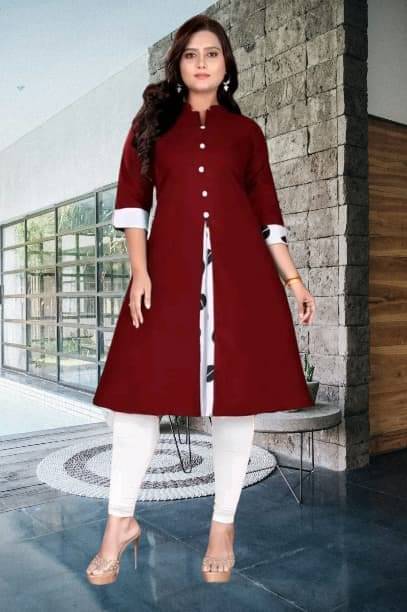 TRIONZA Women Cotton Flex Solid A-line Kurti ( Maroon )     			TRIONZA Women Cotton Flex Solid A-line Kurti ( Maroon )