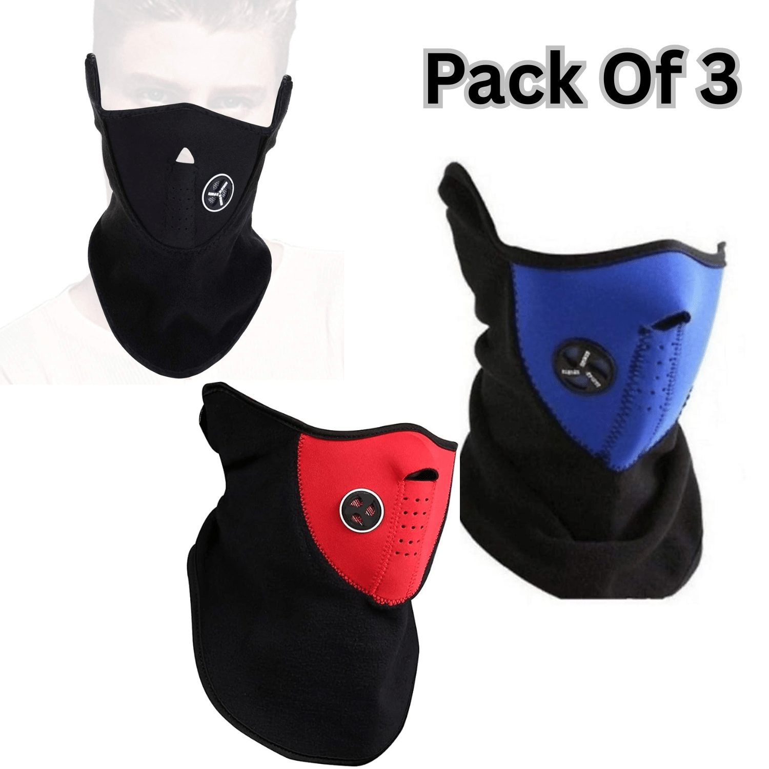     			Aksmit Half Face Mask Dust Proof Mask Bike_Cycle Winter Mask for Men & Women (Size: Free, Balaclava) 3 Piece Blue,Red ,Blk