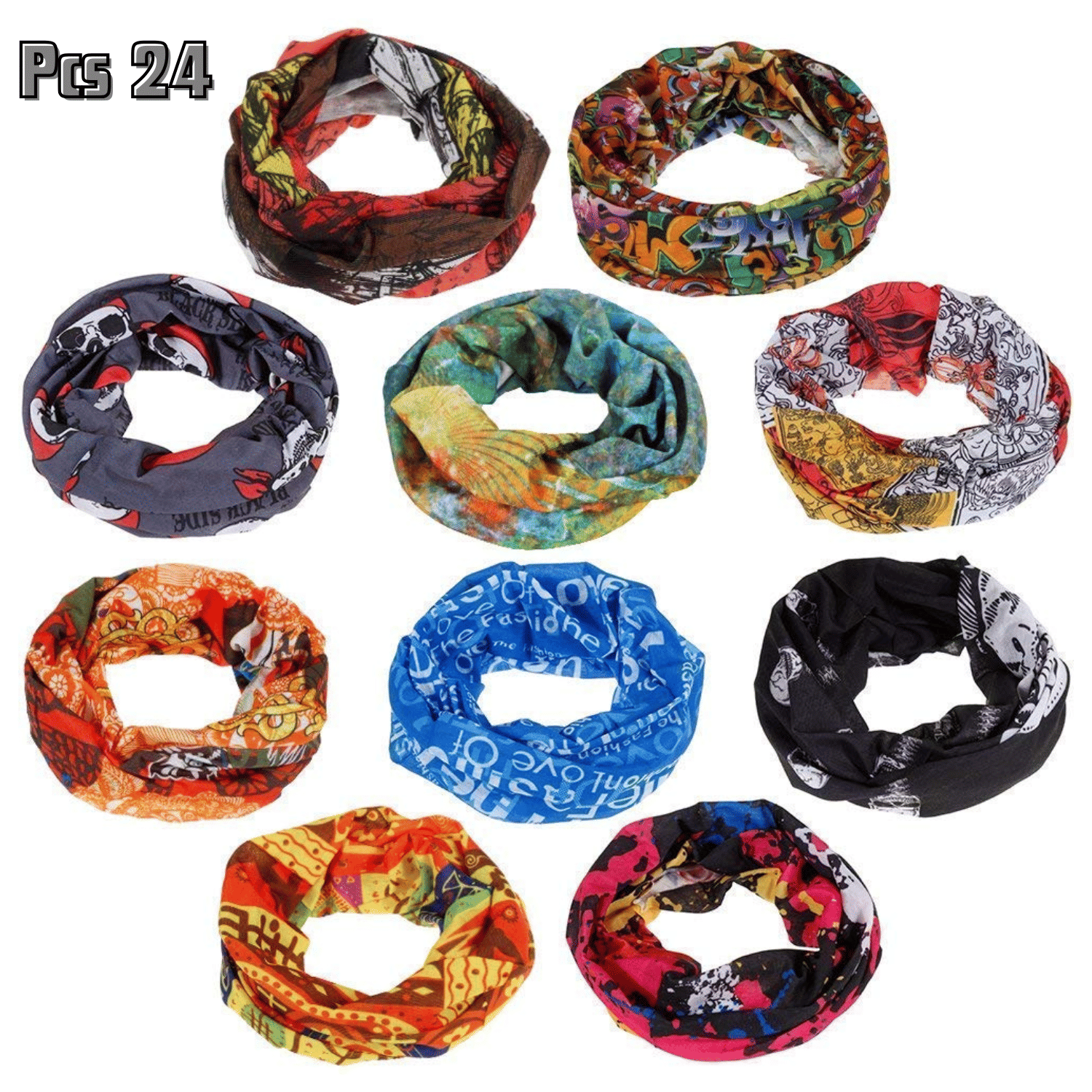 Aksmit ( Pack Of 24 ) Unisex Headwear Headband Head Wrap UV Resistence Sports Bandana Magic Scarf Face Mask (Assorted Color and Design) multi color, free size