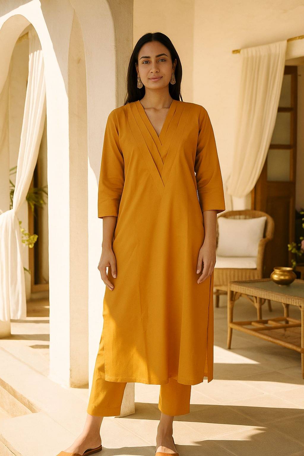 Bitterlime Women Cotton Solid Straight Kurti With Pants ( Mustard )     			Bitterlime Women Cotton Solid Straight Kurti With Pants ( Mustard )