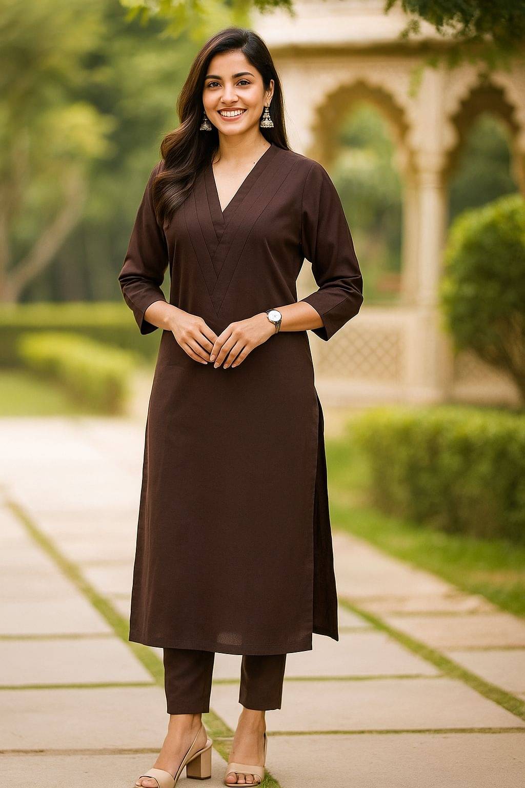     			Bitterlime Women Cotton Solid Straight Kurti With Pants ( Coffee )