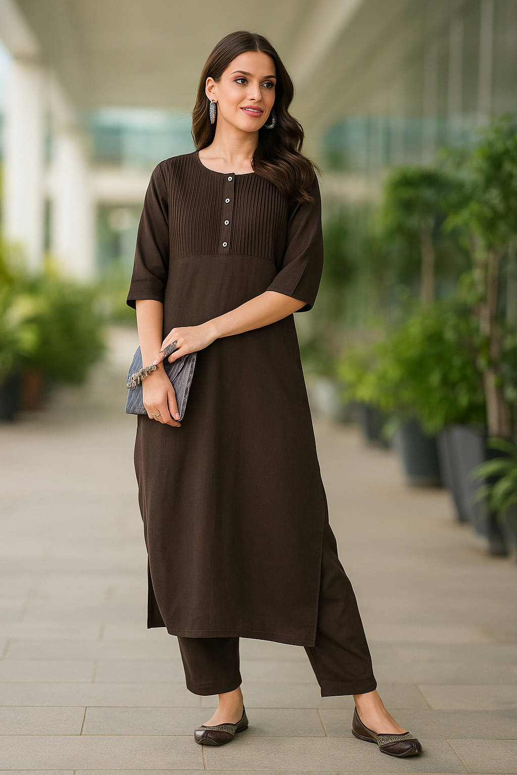 Bitterlime Women Cotton Solid Straight Kurti With Pants ( Coffee )     			Bitterlime Women Cotton Solid Straight Kurti With Pants ( Coffee )
