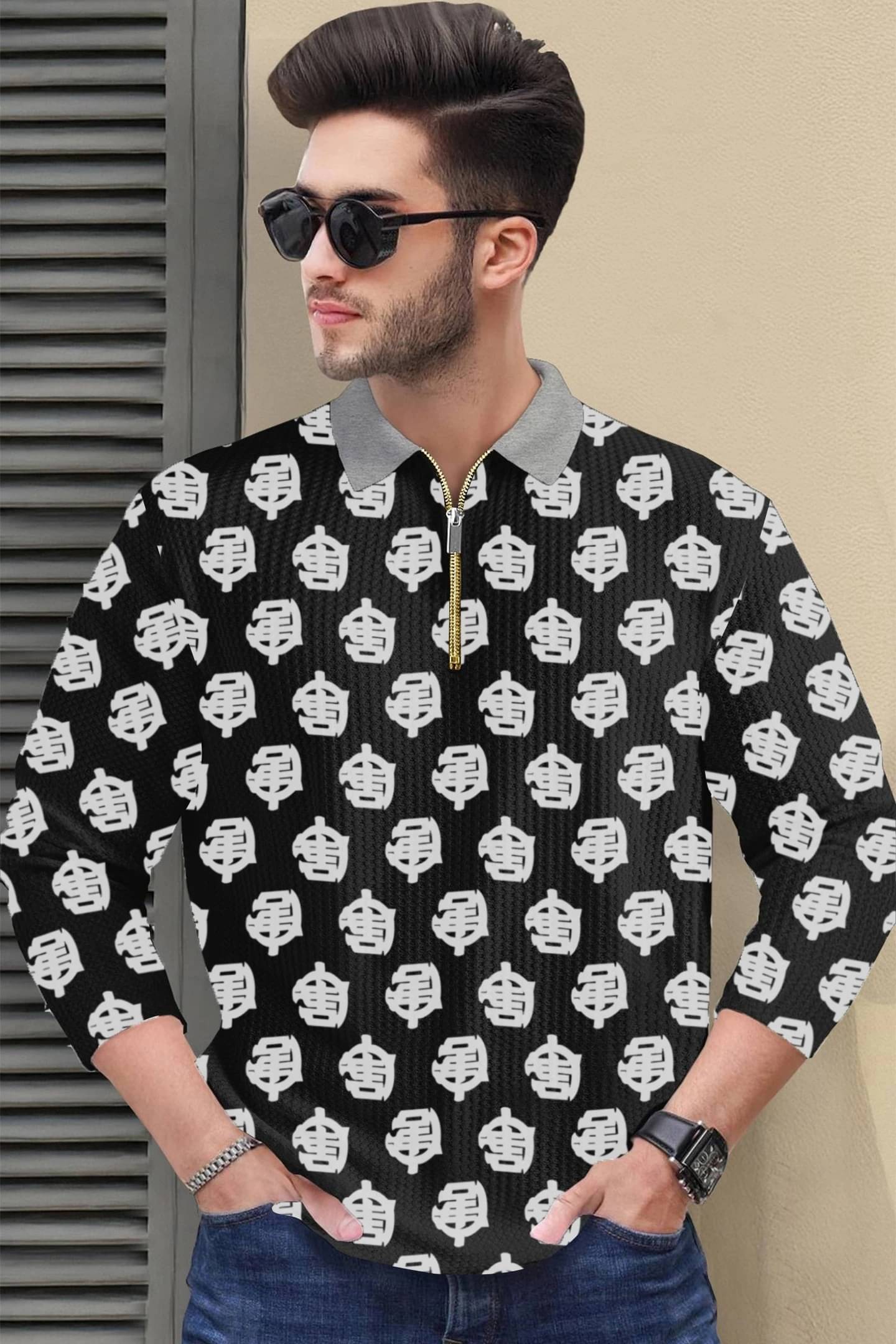     			CONWAY Men Cotton Blend Regular Fit Printed Polo T Shirt ( Black )