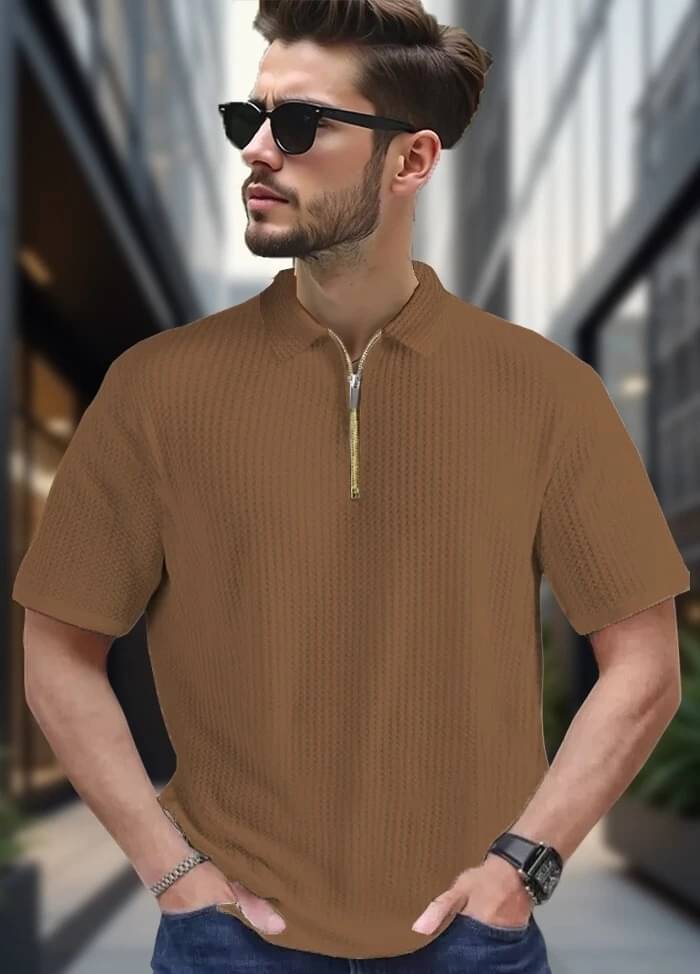CONWAY Men Cotton Blend Regular Fit Popcorn Textured Polo T Shirt ( Brown ) CONWAY Men Cotton Blend Regular Fit Popcorn Textured Polo T Shirt ( Brown )