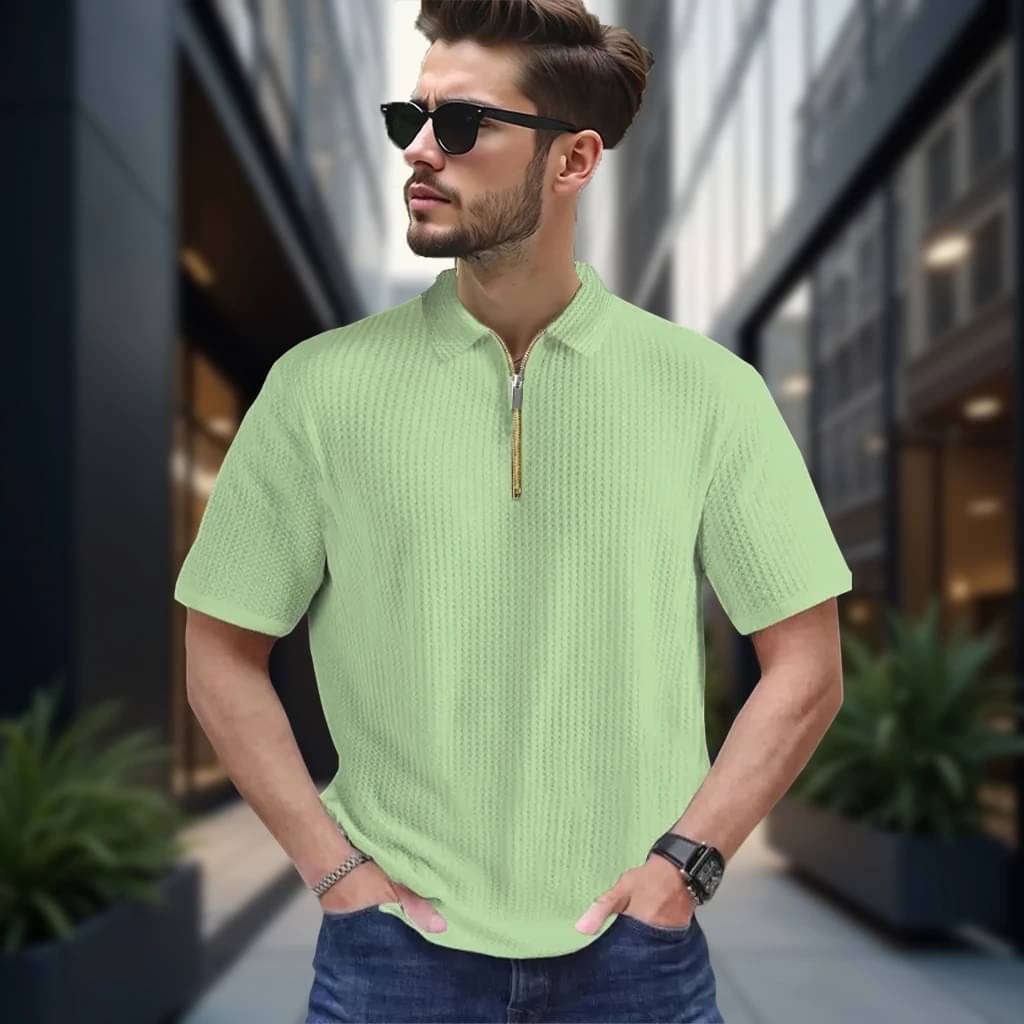     			CONWAY Men Cotton Blend Regular Fit Popcorn Textured Polo T Shirt ( Light Green )