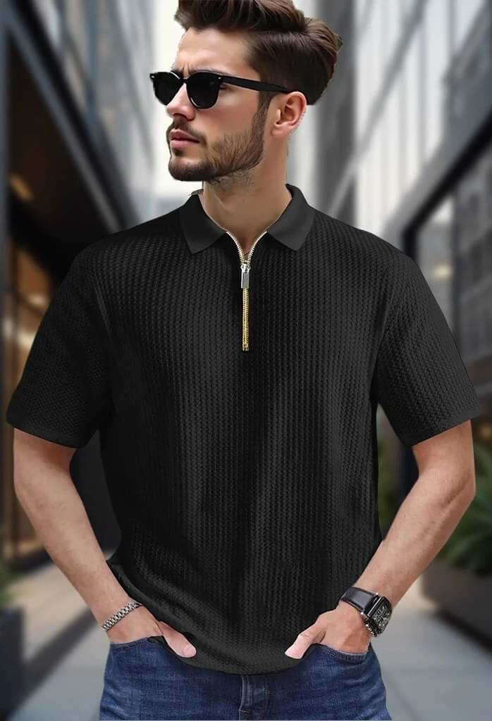     			CONWAY Men Cotton Blend Regular Fit Popcorn Textured Polo T Shirt ( Black )