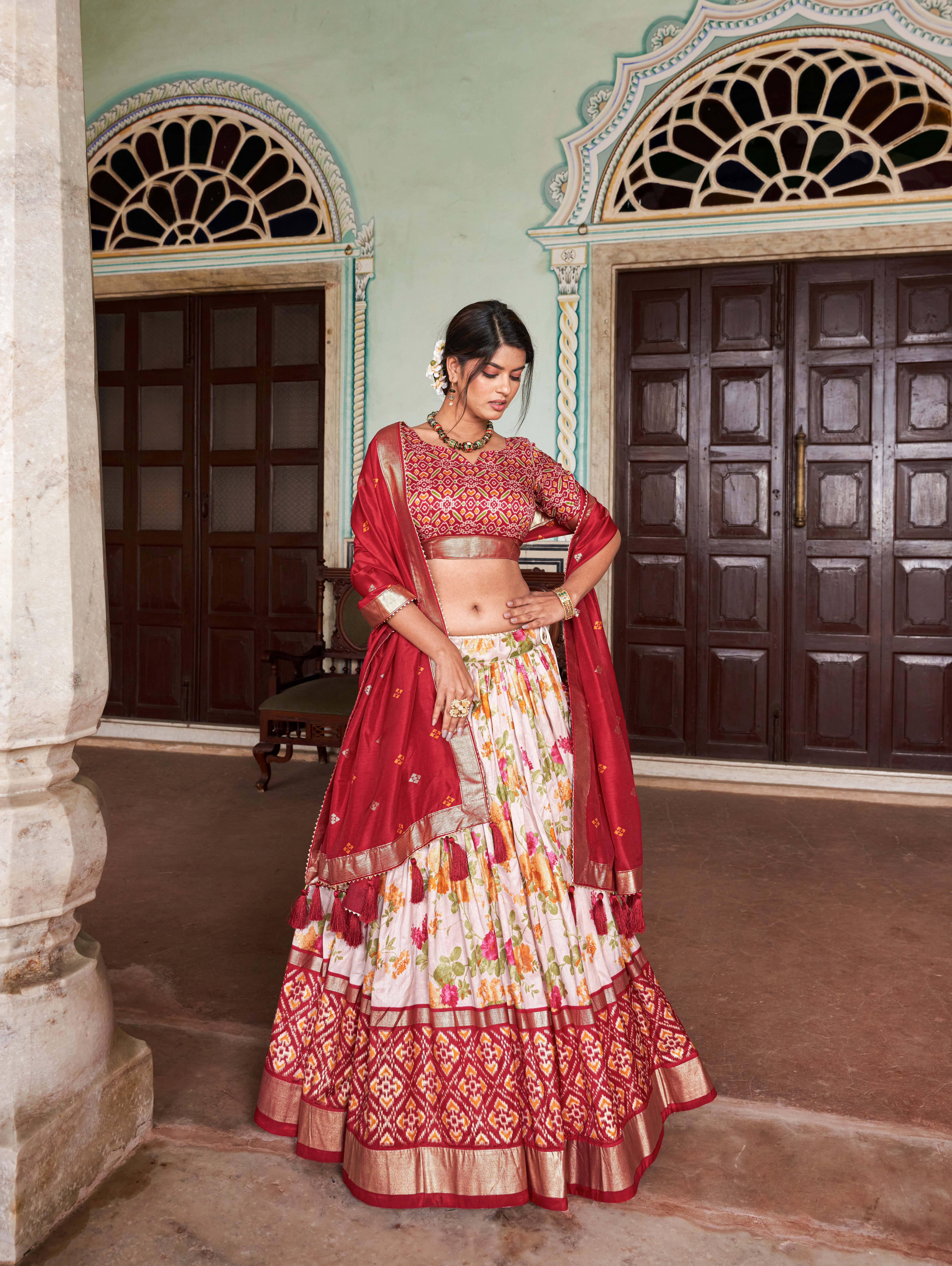 CYNOR Red Tussar Silk Chaniya Choli Semi Stitched Lehenga Single CYNOR Red Tussar Silk Chaniya Choli Semi Stitched Lehenga Single