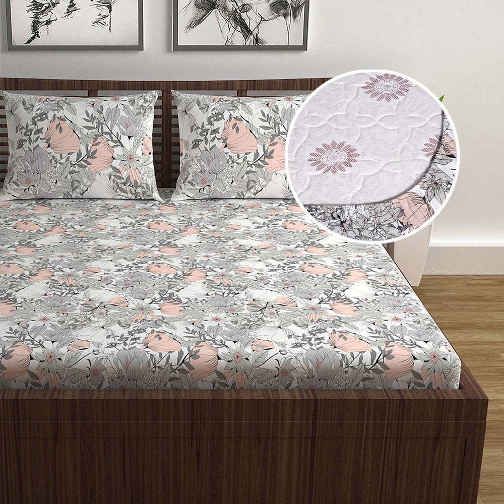     			DIVINE CASA Cotton Floral Fitted Fitted bedsheet with 2 Pillow Covers ( Double Bed ) - Peach