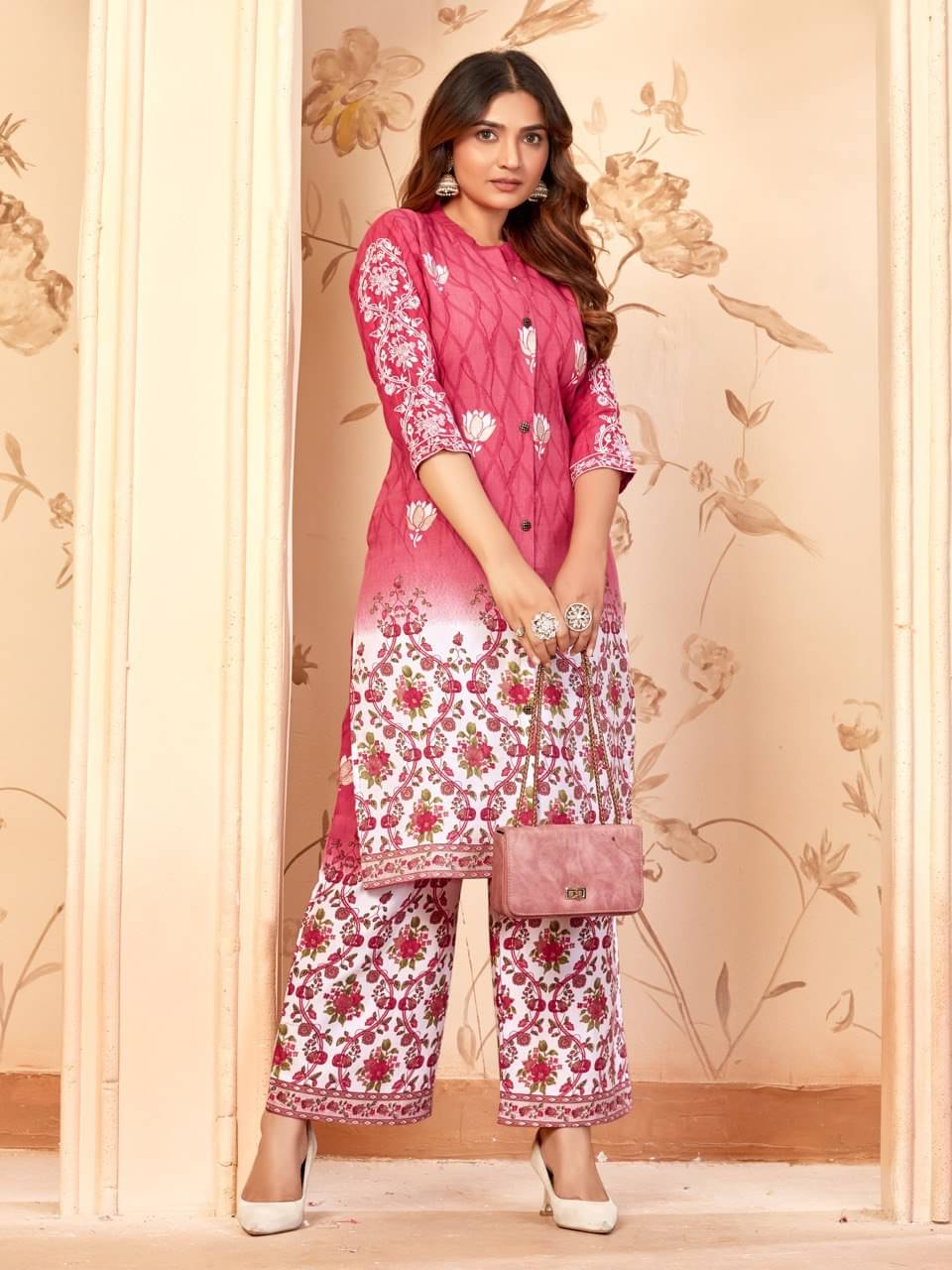     			DOJIN Women Printed Top With Palazzos Co-Ord Set ( Pink )