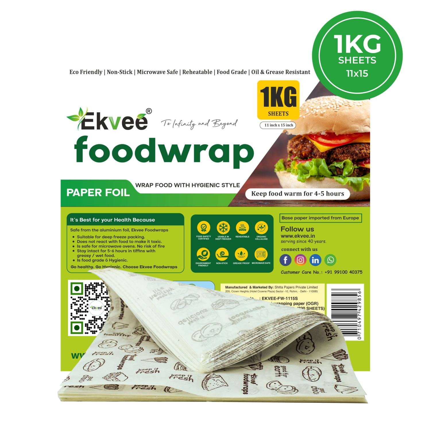     			Ekvee Food Wrap Paper Sheets 1Kg Pack | 11x15 Inch | 42 GSM | Food Safe & Greaseproof | For Roti, Tiffin, Baking & Serving | Eco-Friendly | Pack of 1