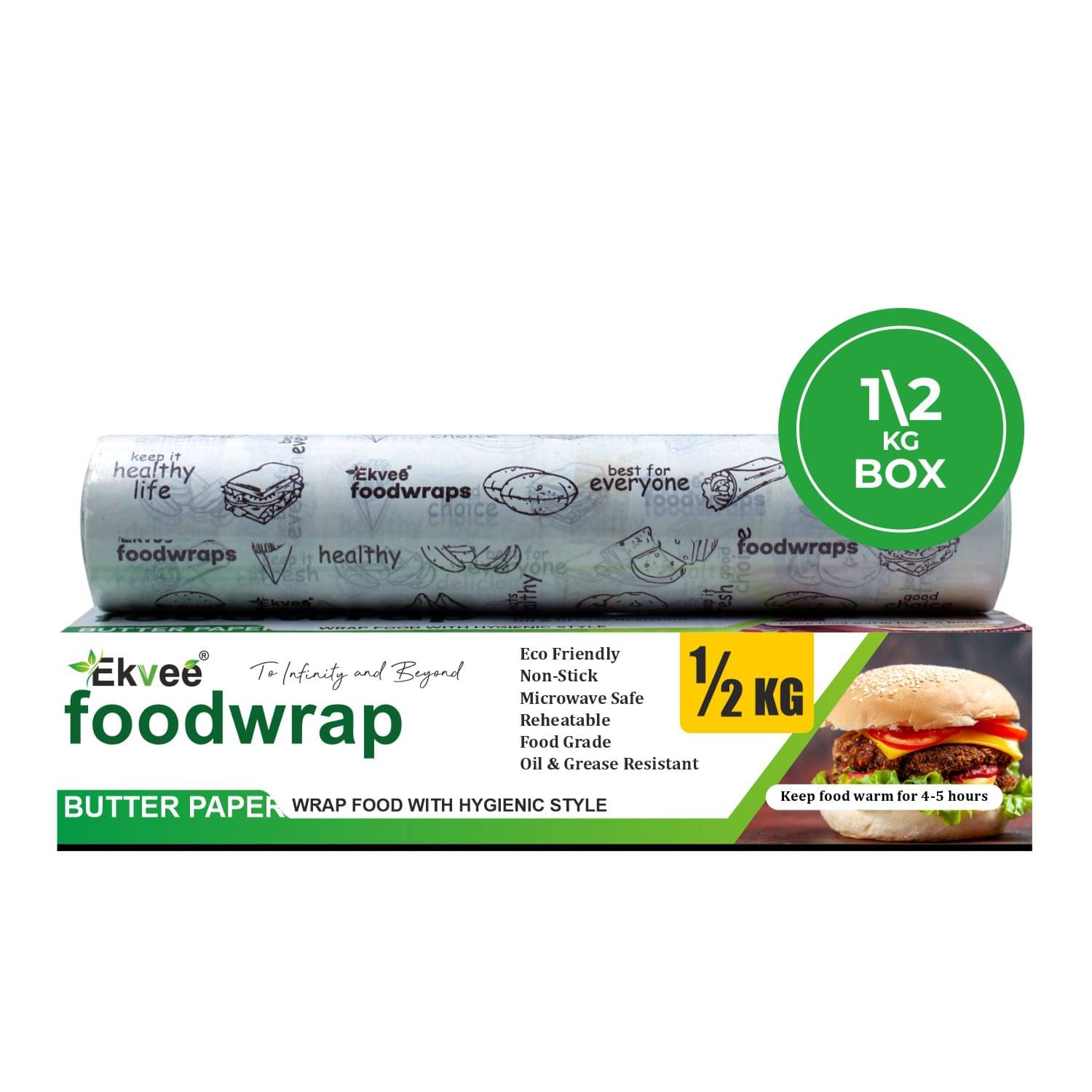     			Ekvee Food Wrapping Roll with box Half Kg Paper 500M Roll | Strong 42 GSM Food Grade Paper | FDA Approved | Great for Roti, Chapati, Snacks, Burgers, Sandwich Wraps | Safe for Kitchen, Tiffin, Bakery | Pack of 1