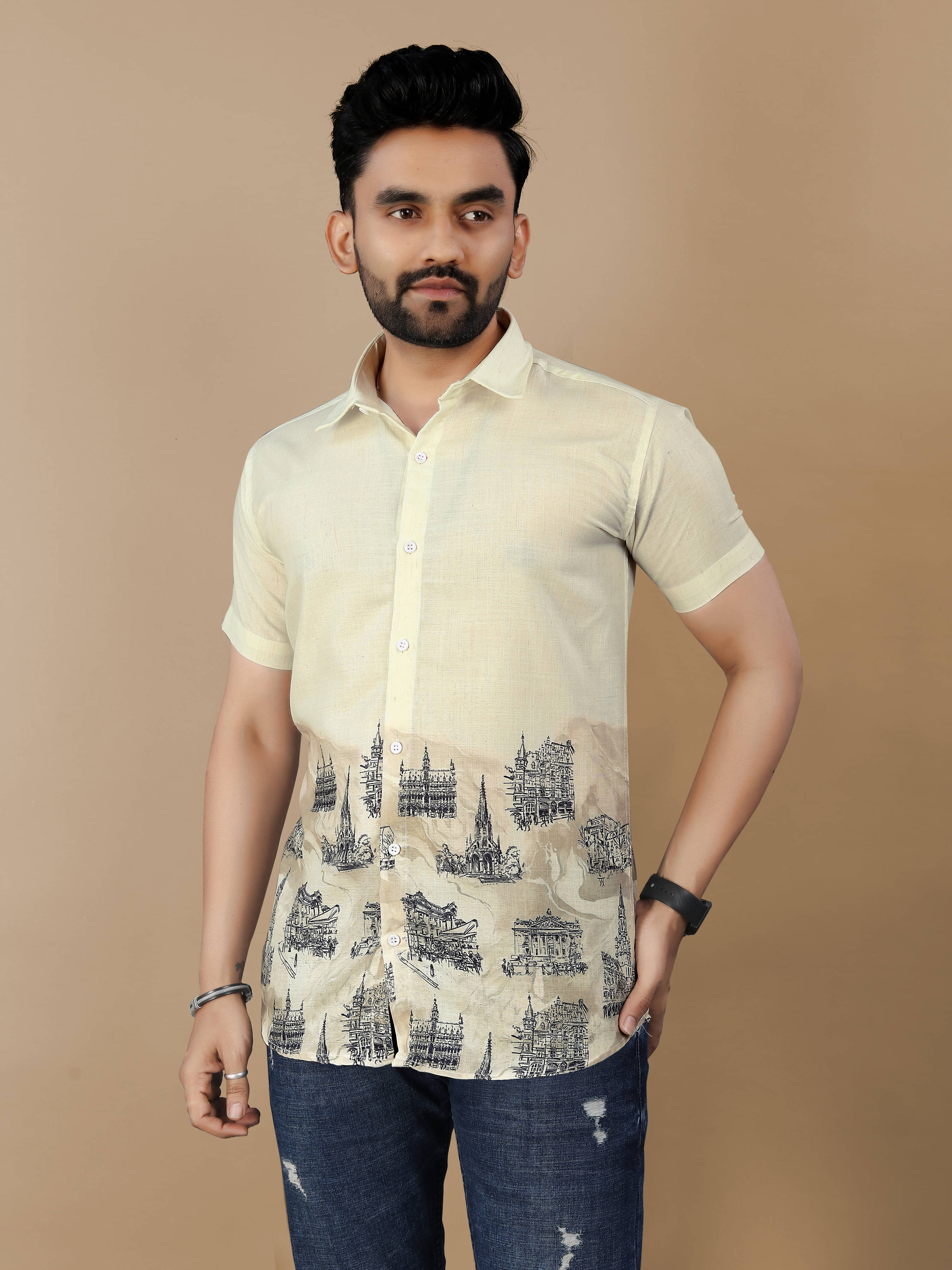     			Fashionfricks Cotton Flex Regular Fit Self Design Half Sleeves Men's Casual Shirt - Beige ( Pack of 1 )