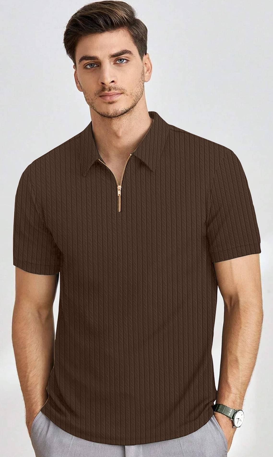 KAJARU Men Polyester Regular Fit Popcorn Textured Polo T Shirt ( Brown )     			KAJARU Men Polyester Regular Fit Popcorn Textured Polo T Shirt ( Brown )