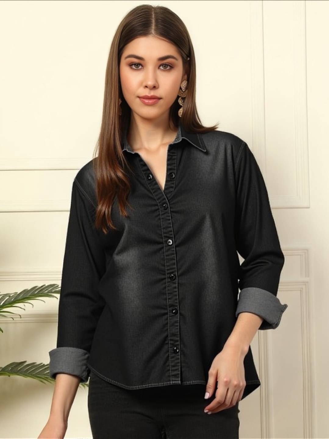 MAYKR Women Solid Denim Shirt ( Black ) MAYKR Women Solid Denim Shirt ( Black )