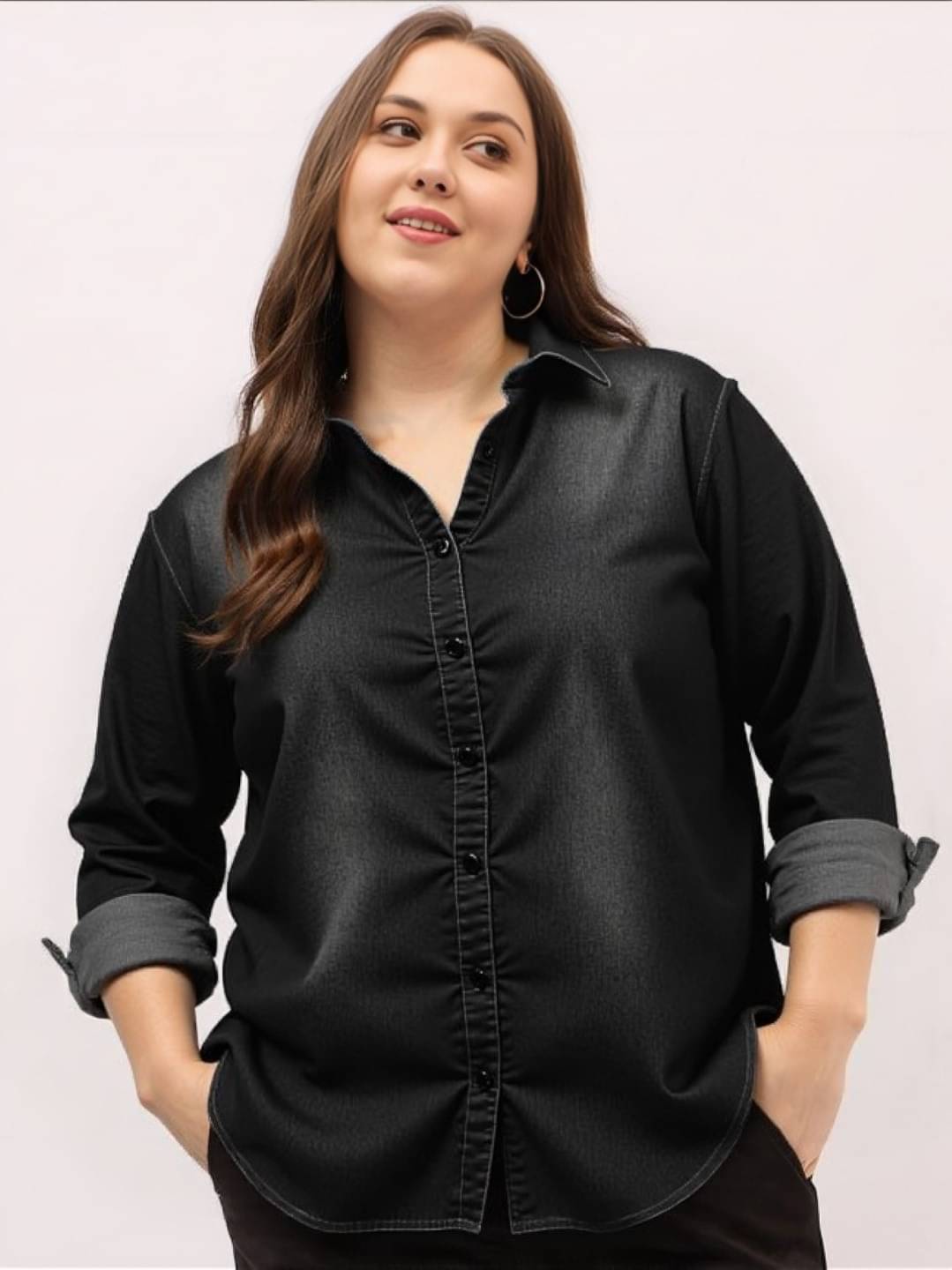 MAYKR Women Solid Denim Shirt ( Black ) MAYKR Women Solid Denim Shirt ( Black )