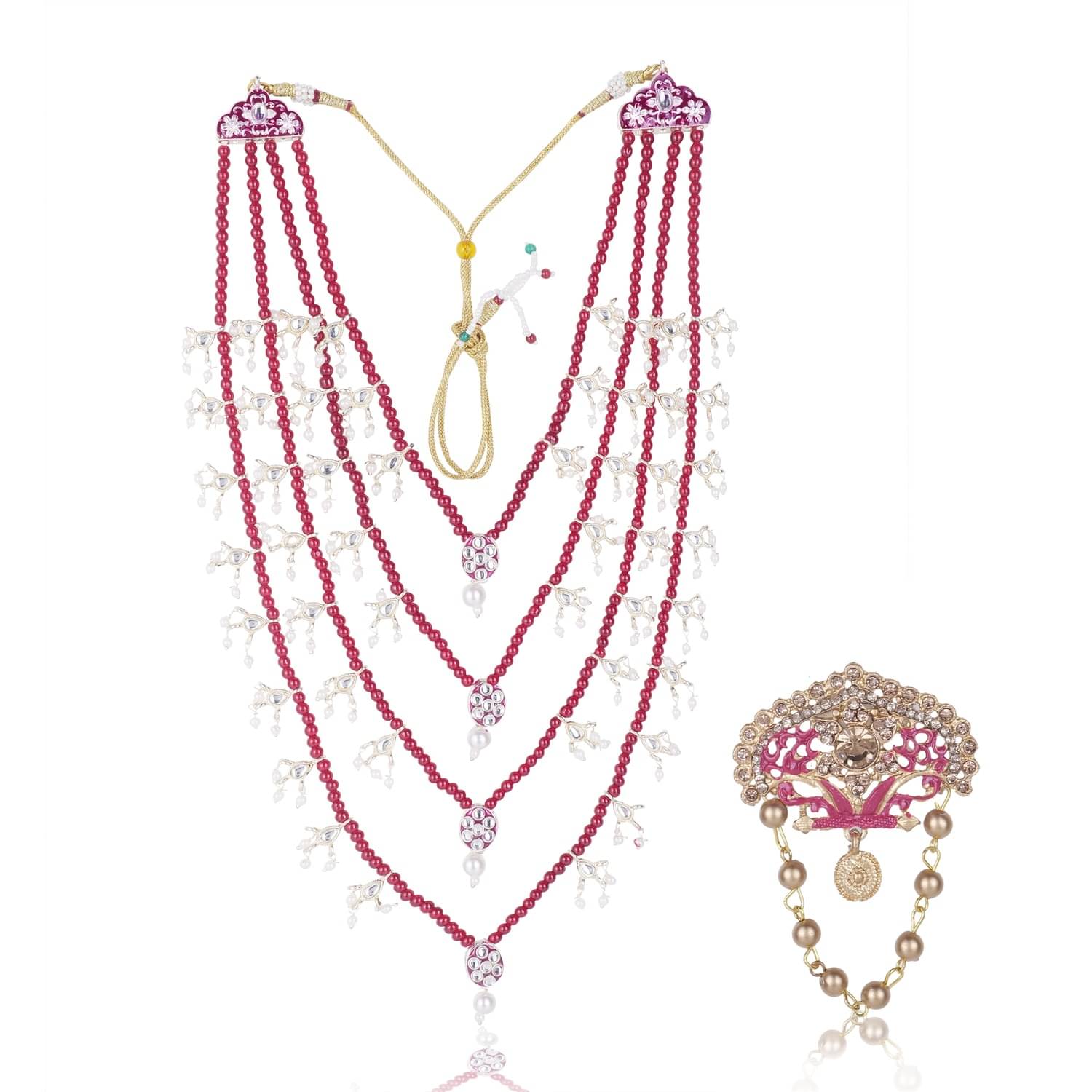     			Men Kundan-Studded Pearl Groom Dulha Moti Mala Necklace With Designer Brooch