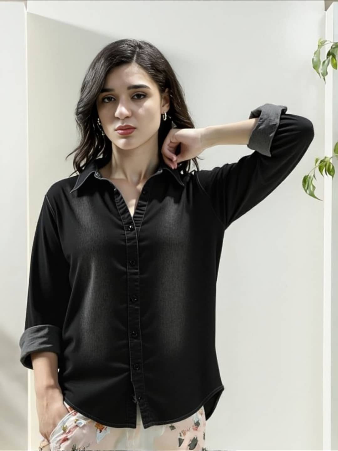 PLUS PARADISE Women Solid Denim Shirt ( Black )
