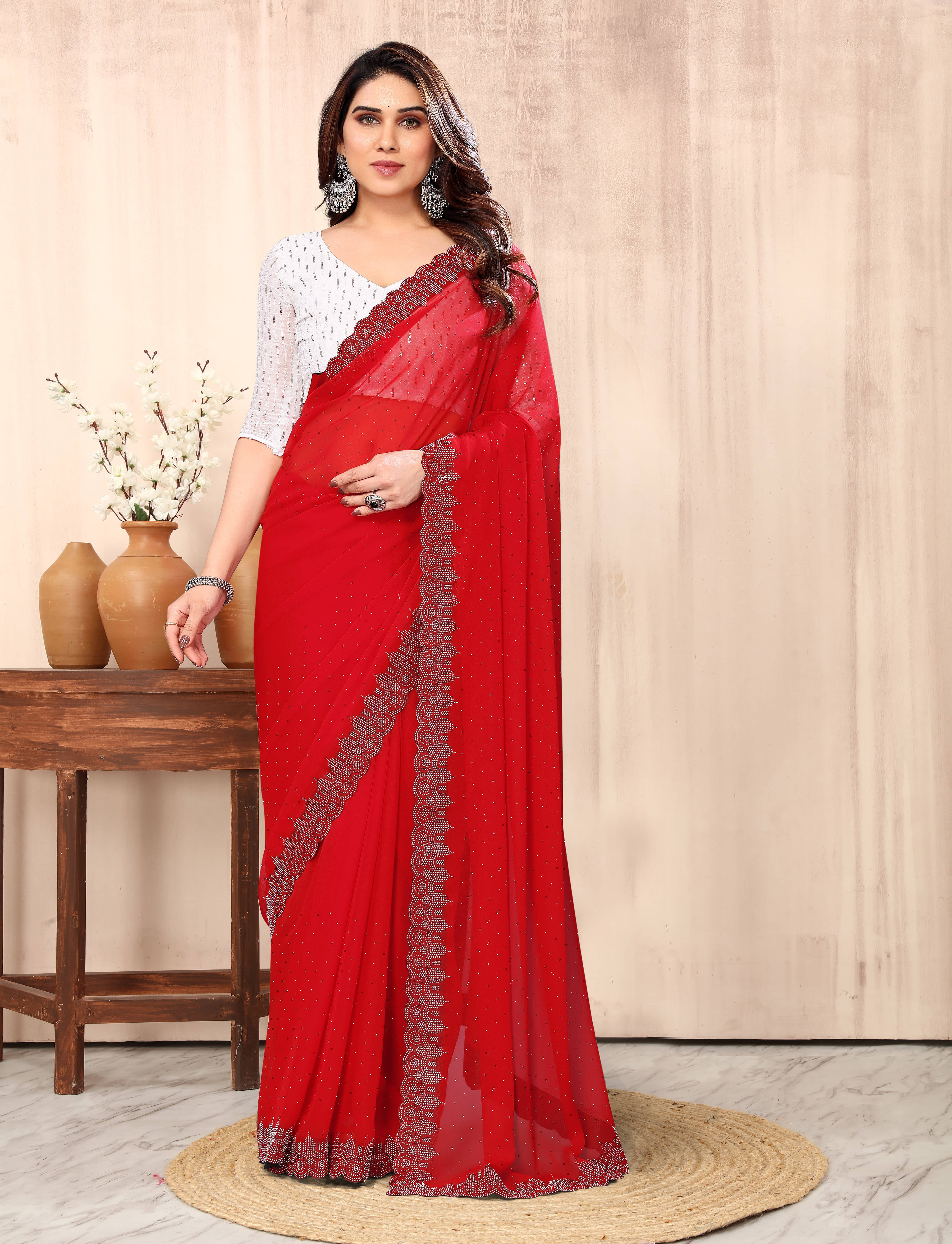 PMD Fashion Georgette Applique Banarasi saree With Unstitched Blouse Piece ( Red ) PMD Fashion Georgette Applique Banarasi saree With Unstitched Blouse Piece ( Red )