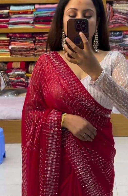 PMD Fashion Georgette Embellished Banarasi saree With Unstitched Blouse Piece ( Red ) PMD Fashion Georgette Embellished Banarasi saree With Unstitched Blouse Piece ( Red )
