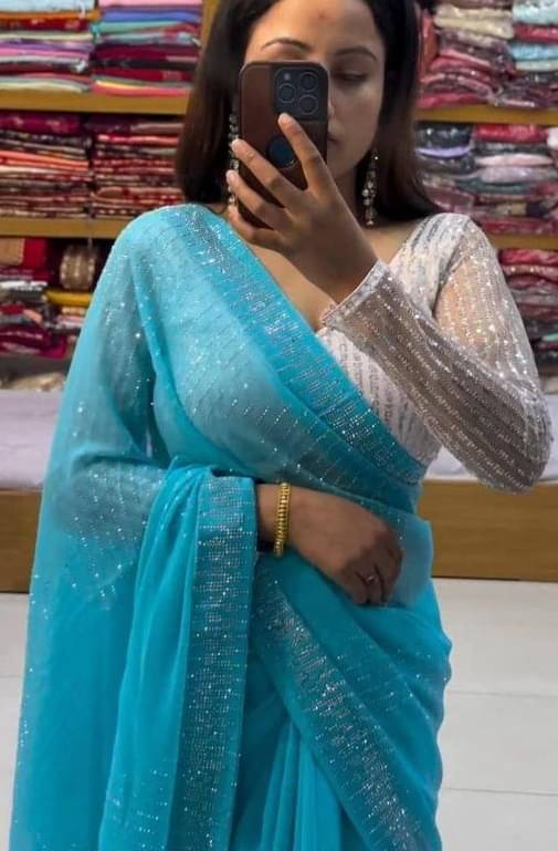     			PMD Fashion Georgette Embellished Banarasi saree With Unstitched Blouse Piece ( Aqua Blue )