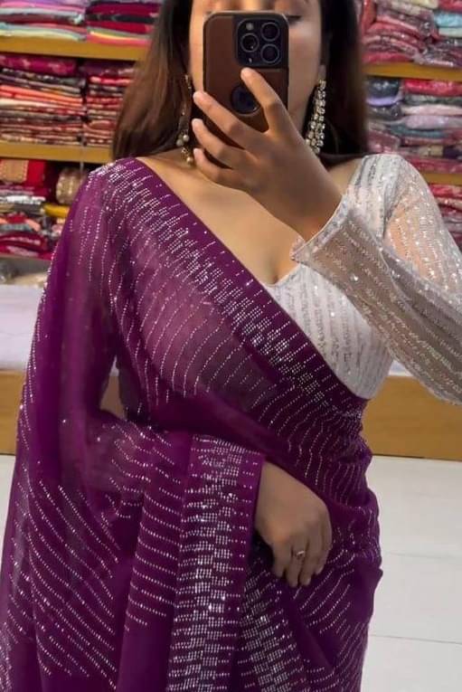     			PMD Fashion Georgette Embellished Banarasi saree With Unstitched Blouse Piece ( Wine )