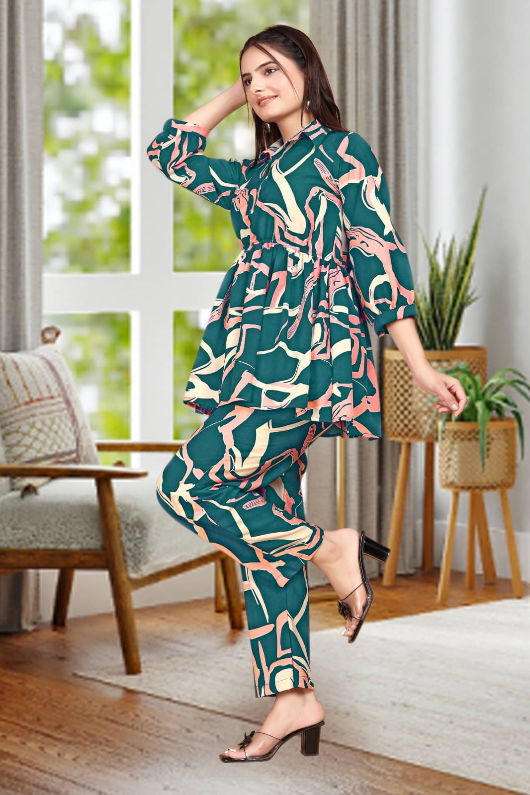     			Radhe Enterpris Women Printed Top With Palazzos Co-Ord Set ( Teal )