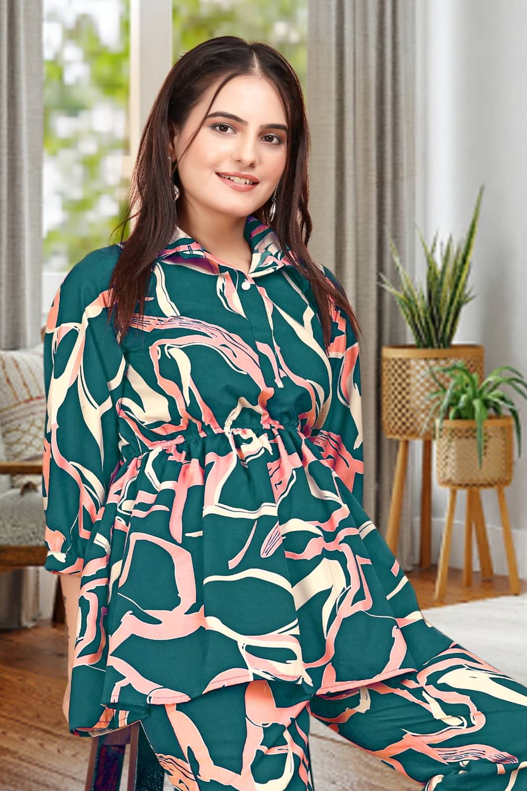 Radhe Enterpris Women Printed Top With Palazzos Co-Ord Set ( Teal ) Radhe Enterpris Women Printed Top With Palazzos Co-Ord Set ( Teal )