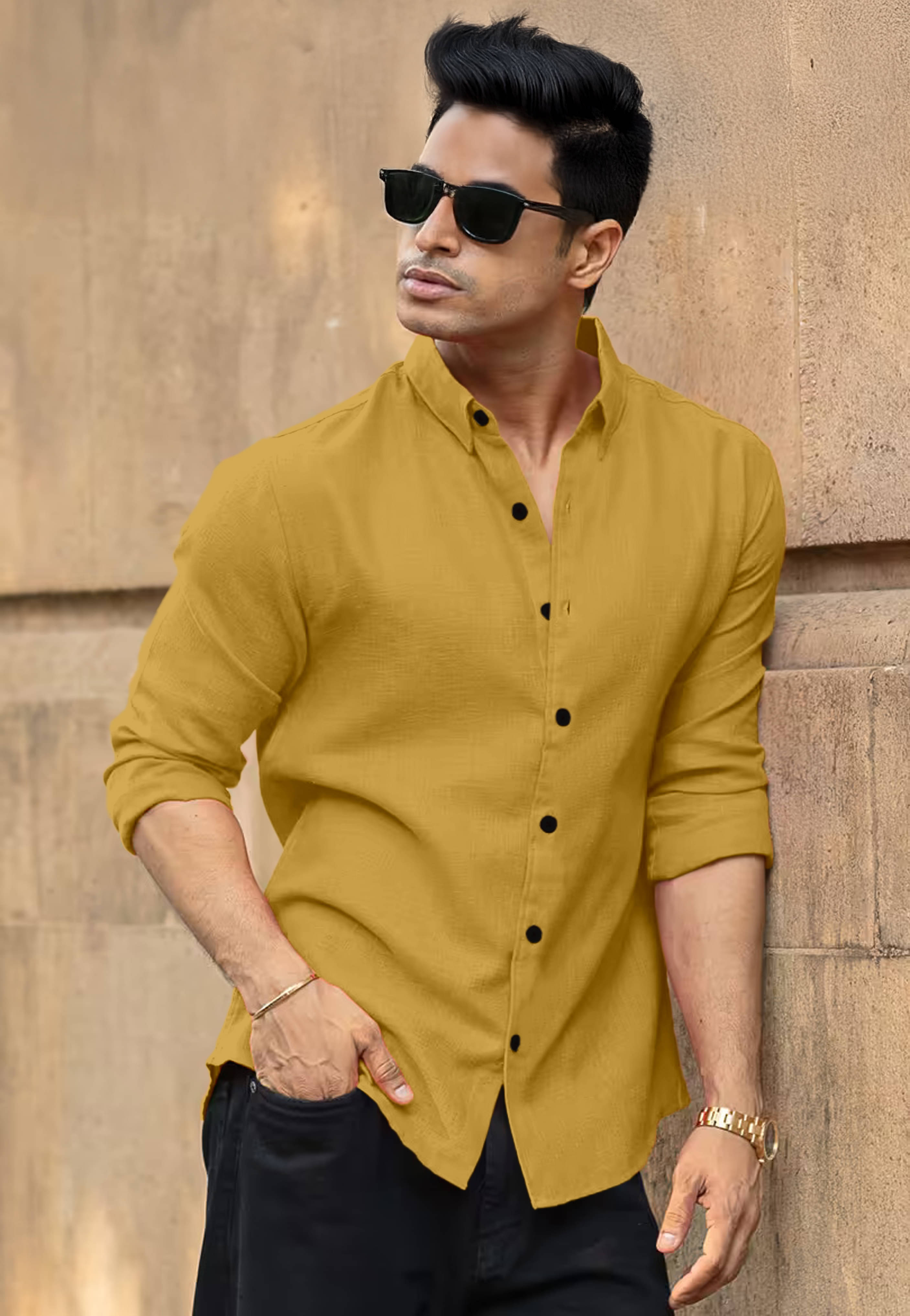     			Silver Linen Regular Fit Solids Full Sleeves Men's Casual Shirt - Mustard ( Pack of 1 )