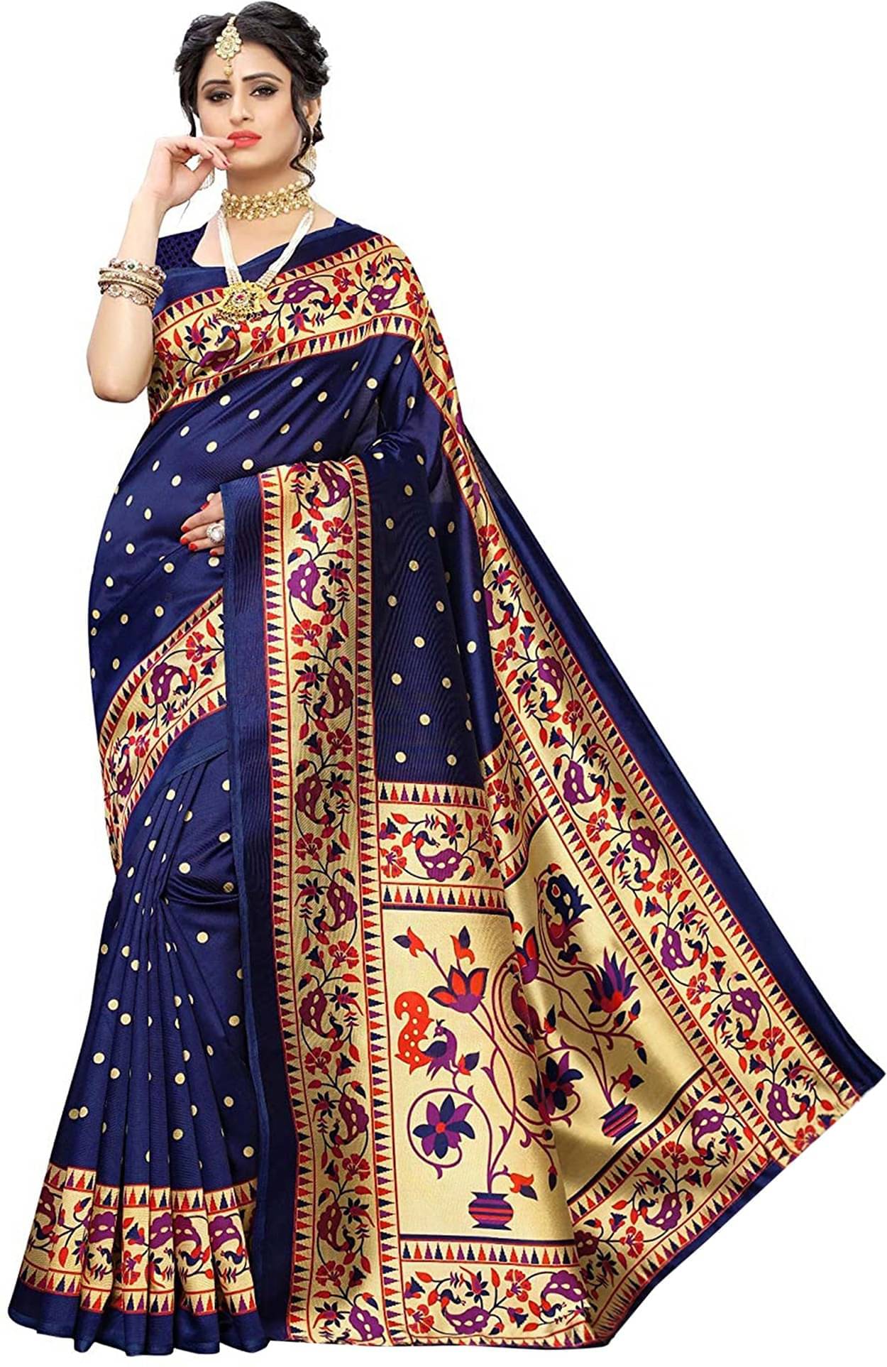     			Suali Art Silk Printed Saree With Unstitched Blouse Piece ( Blue )