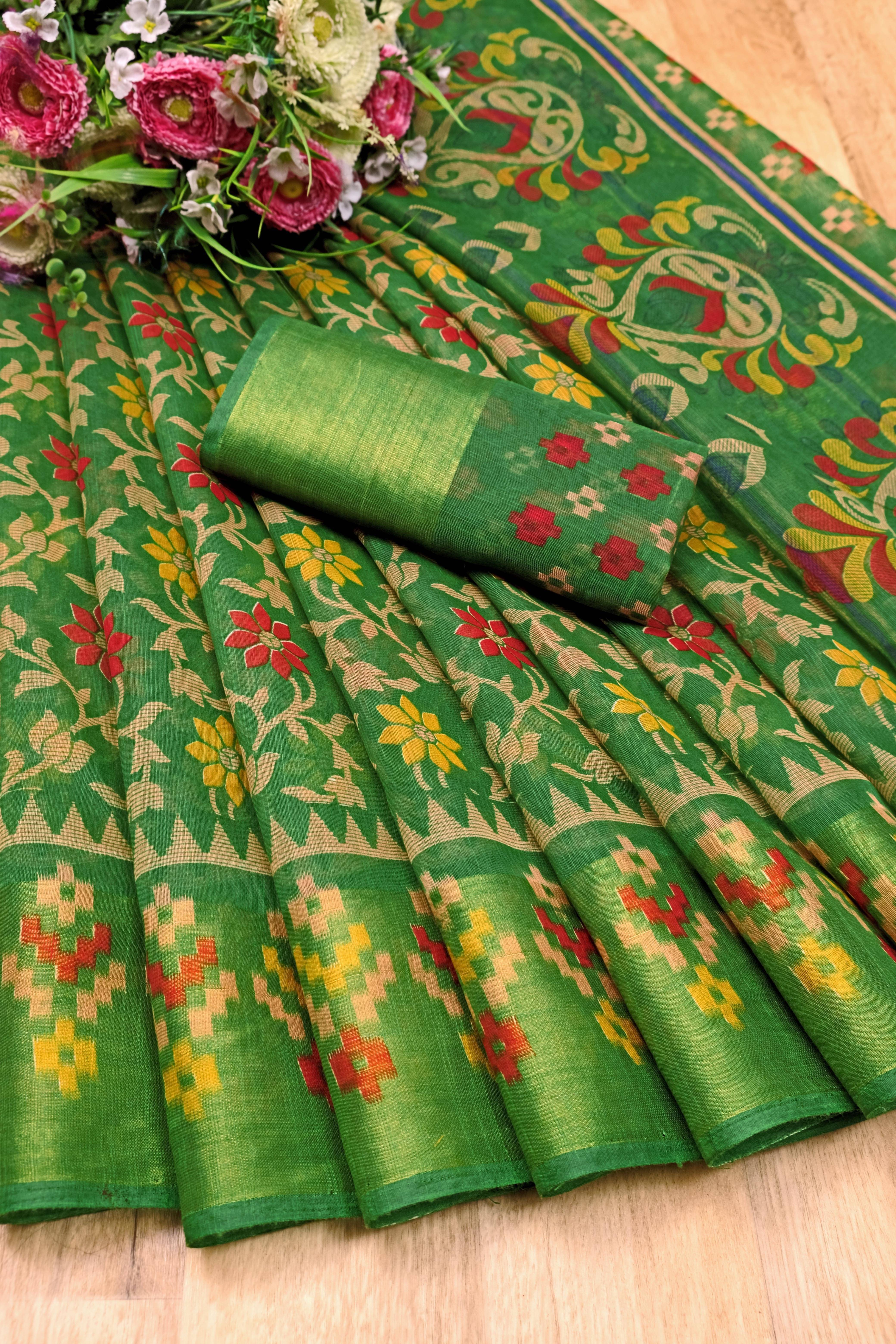 Suali Cotton Silk Applique Saree With Unstitched Blouse Piece ( Green ) Suali Cotton Silk Applique Saree With Unstitched Blouse Piece ( Green )