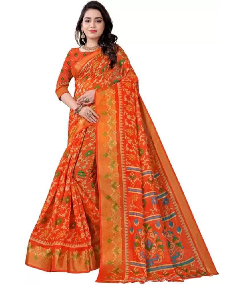     			Suali Cotton Silk Printed Saree With Unstitched Blouse Piece ( Orange )