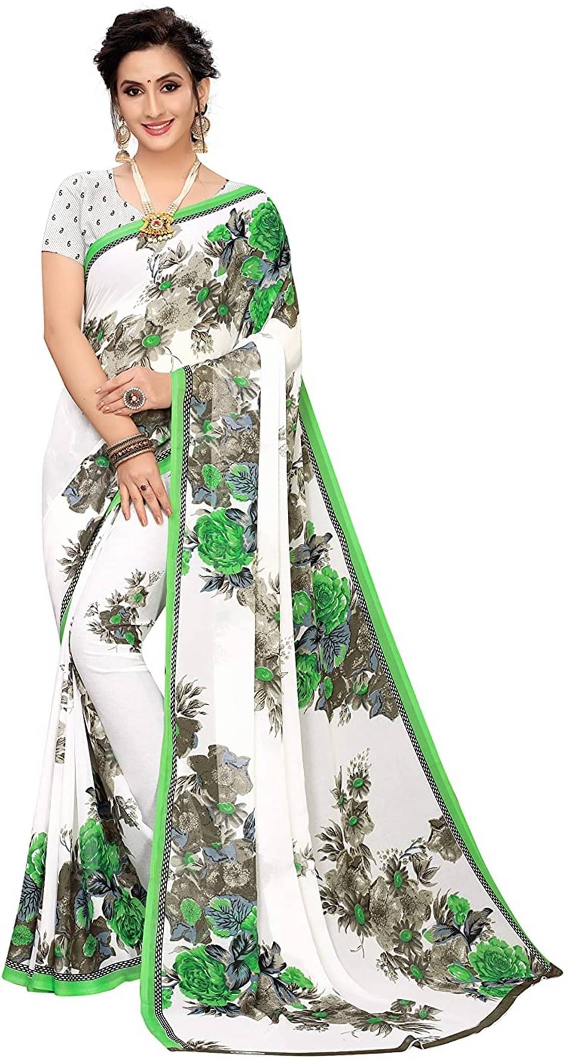     			Suali Georgette Printed Saree With Unstitched Blouse Piece ( White )