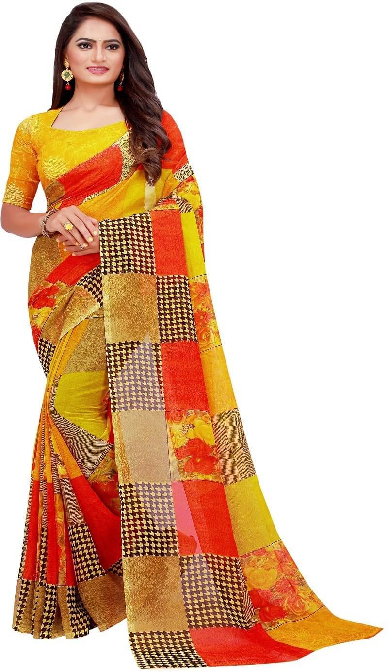     			Suali Georgette Printed Saree With Unstitched Blouse Piece ( Yellow )