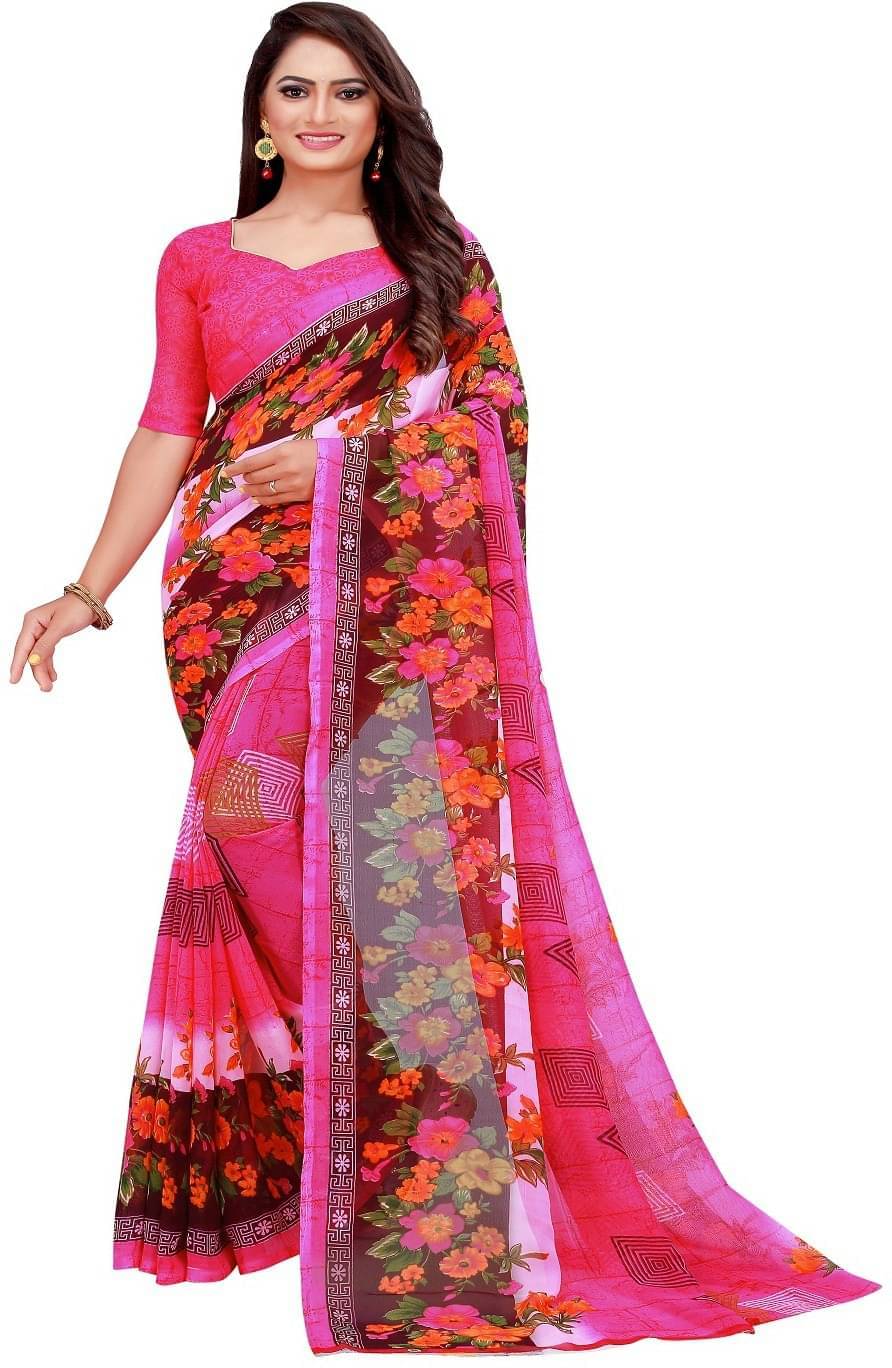 Suali Georgette Printed Saree With Unstitched Blouse Piece ( Pink ) Suali Georgette Printed Saree With Unstitched Blouse Piece ( Pink )