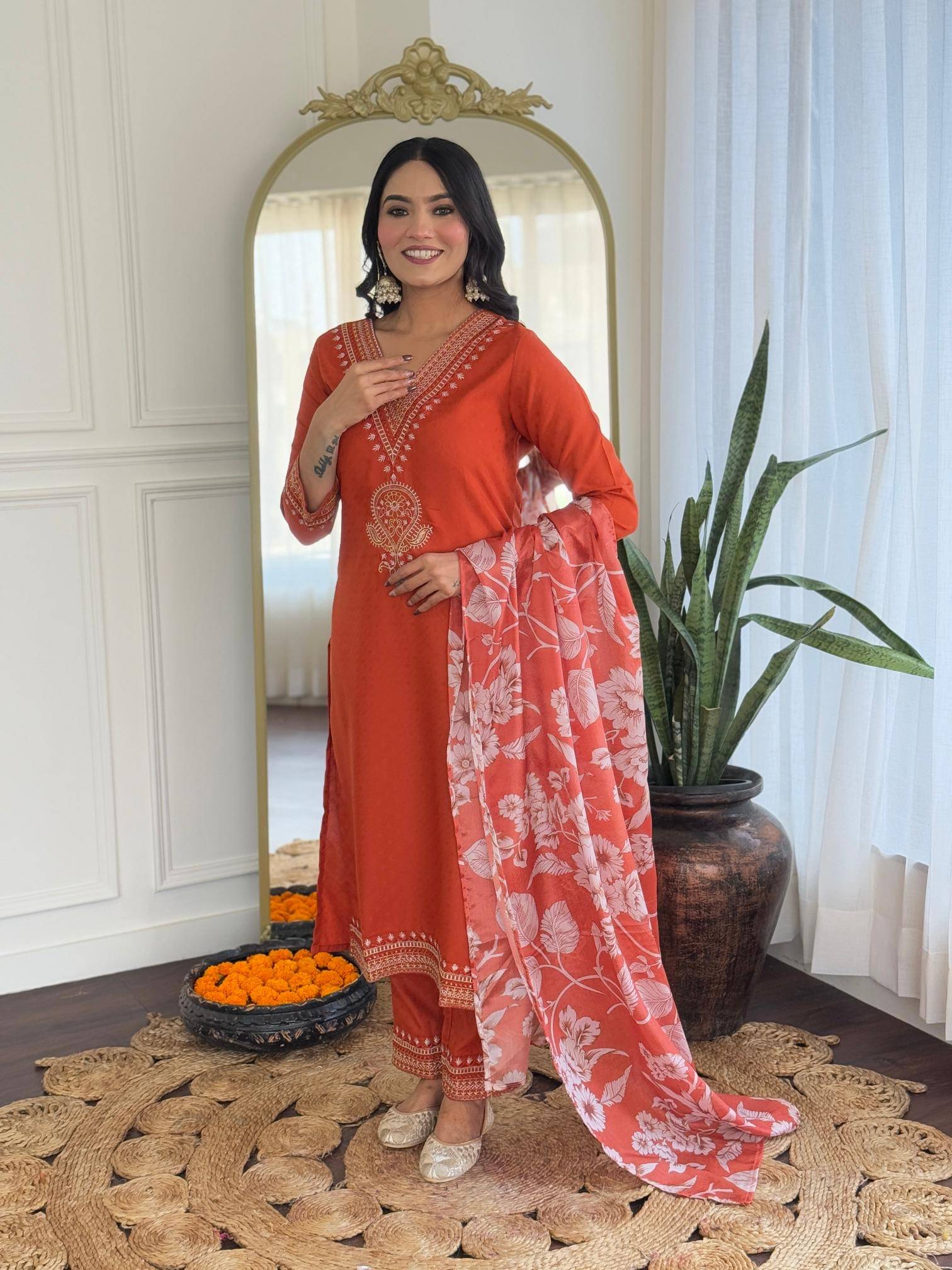     			THE52 Women Viscose Embroidered Straight Kurti With Pants ( Orange )